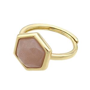 Peach Moonstone Copper Ring Hexagon Adjustable Gold Plated, approx 12-14mm, 18mm dia [GM19212]
