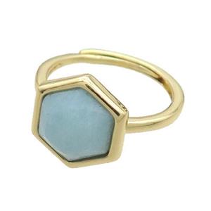 Blue Amazonite Copper Ring Hexagon Adjustable Gold Plated, approx 12-14mm, 18mm dia [GM19213]