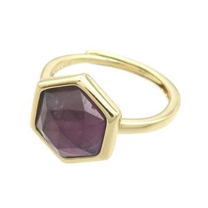 Amethyst Copper Ring Hexagon Adjustable Gold Plated, approx 12-14mm, 18mm dia [GM19216]