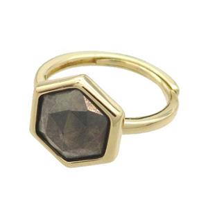 Pyrite Copper Ring Hexagon Adjustable Gold Plated, approx 12-14mm, 18mm dia [GM19217]