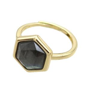 Labradorite Copper Ring Hexagon Adjustable Gold Plated, approx 12-14mm, 18mm dia [GM19218]