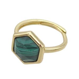 Malachite Copper Ring Hexagon Adjustable Gold Plated, approx 12-14mm, 18mm dia [GM19219]