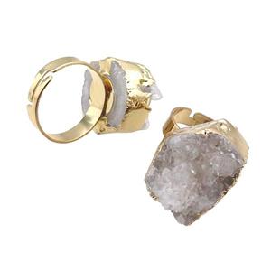 White Druzy Quartz Copper Ring Adjustable Gold Plated, approx 20-30mm, 18mm dia [GM19221]