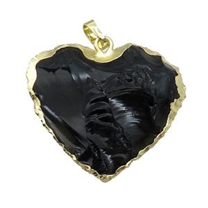 Natural Obsidian Heart Pendant Hammered Gold Plated, approx 30-35mm [GM19224]