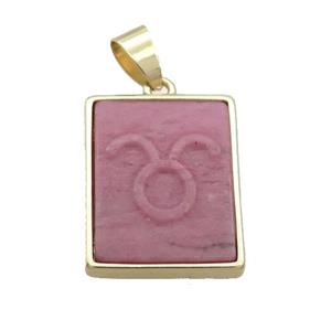 Natural Pink Wood Lace Jasper Pendant Zodiac Aries Rectangle Gold Plated, approx 16-20mm [GM19334]