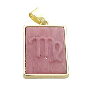 Natural Pink Wood Lace Jasper Pendant Zodiac Virgo Rectangle Gold Plated, approx 16-20mm [GM19339]