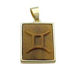 Natural Tiger Eye Stone Pendant Zodiac Gemini Rectangle Gold Plated, approx 16-20mm [GM19349]