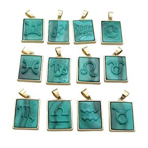 Natural Malachite Pendant Zodiac Mixed Green Rectangle Gold Plated, approx 16-20mm [GM19372]