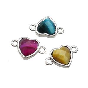 Mixed Tiger Eye Stone Heart Connector Platinum Plated, approx 11mm [GM19422]