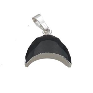 Natural Black Agate Moon Pendant Shiny Silver, approx 13-18mm [GM19567]