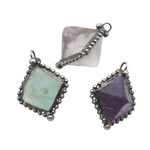 Fluorite Pendant Freeform Mix Color Antique Silver, approx 20-30mm [GM19609]