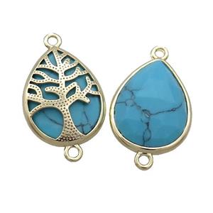 Blue Dye Turquoise Teardrop Connector Tree Of Life Gold Plated, approx 15-20mm [GM19864]
