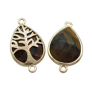 Natural Tiger Eye Stone Teardrop Connector Tree Of Life Gold Plated, approx 15-20mm [GM19865]