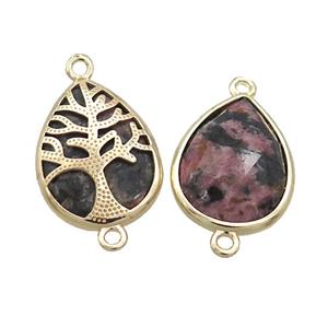 Natural Pink Rhodonite Teardrop Connector Tree Of Life Gold Plated, approx 15-20mm [GM19866]