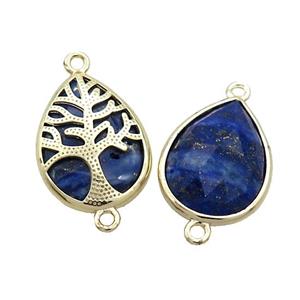 Natural Blue Lapis Lazuli Teardrop Connector Tree Of Life Gold Plated, approx 15-20mm [GM19867]