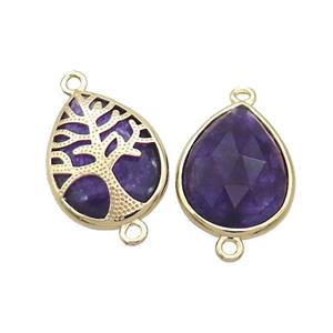 Natural Purple Amethyst Teardrop Connector Tree Of Life Gold Plated, approx 15-20mm [GM19868]