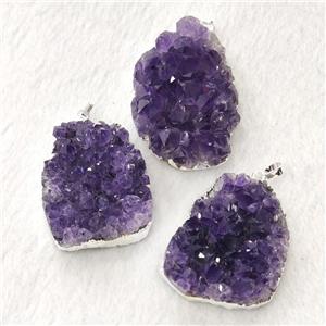 Natural Amethyst Druzy Cluster Pendant Freeform Silver Plated, approx 20-40mm [GM19880]
