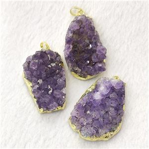 Natural Amethyst Druzy Cluster Pendant Freeform Gold Plated, approx 20-40mm [GM19881]