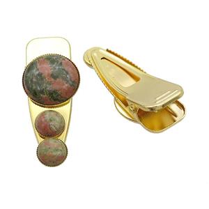 Copper Hair Clips Pave Unakite Gold Plated, approx 12mm, 25-60mm [GM20015]