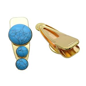 Copper Hair Clips Pave Blue Dye Turquoise Gold Plated, approx 12mm, 25-60mm [GM20018]