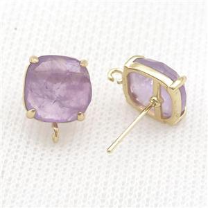 Copper Stud Earring Pave Purple Amethyst Square Gold Plated, approx 11mm [GM20149]