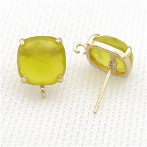 Copper Stud Earring Pave Jade Quartz Square Gold Plated, approx 11mm [GM20150]