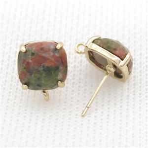 Copper Stud Earring Pave Unakite Square Gold Plated, approx 11mm [GM20151]