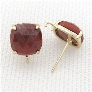 Copper Stud Earring Pave Red Jasper Square Gold Plated, approx 11mm [GM20152]