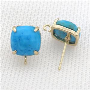 Copper Stud Earring Pave Blue Turquoise Dye Square Gold Plated, approx 11mm [GM20154]