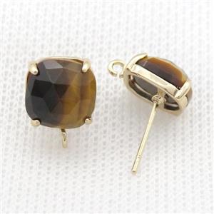 Copper Stud Earring Pave Tiger Eye Square Gold Plated, approx 11mm [GM20157]