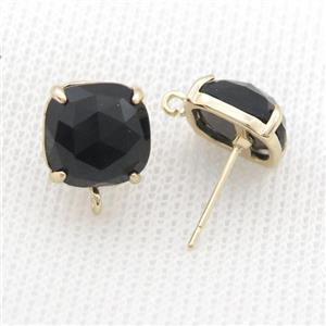 Copper Stud Earring Pave Black Onyx Agate Square Gold Plated, approx 11mm [GM20158]