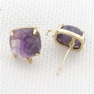 Copper Stud Earring Pave Purple Fluorite Square Gold Plated, approx 11mm [GM20160]