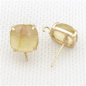 Copper Stud Earring Pave Yellow Citrine Square Gold Plated, approx 11mm [GM20161]