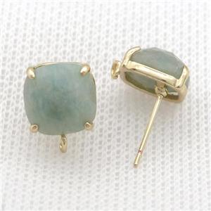 Copper Stud Earring Pave Green Amazonite Square Gold Plated, approx 11mm [GM20162]