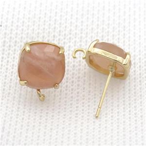 Copper Stud Earring Pave Peach Sunstone Square Gold Plated, approx 11mm [GM20163]