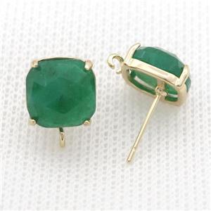 Copper Stud Earring Pave Green Strawberry Quartz Square Gold Plated, approx 11mm [GM20164]