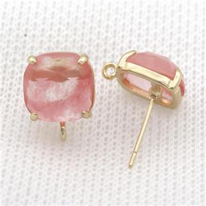 Copper Stud Earring Pave Pink Synthetic Quartz Square Gold Plated, approx 11mm [GM20165]