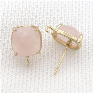 Copper Stud Earring Pave Rose Quartz Pink Square Gold Plated, approx 11mm [GM20166]