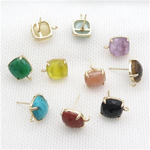 Copper Stud Earring Pave Gemstone Square Gold Plated Mixed, approx 11mm [GM20167]