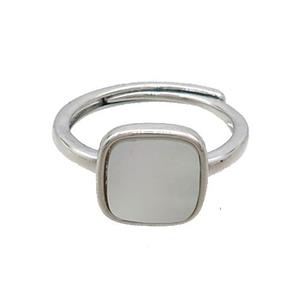 Copper Ring Pave White Shell Adjustable Square Platinum Plated, approx 10mm, 18mm dia [GM20224]