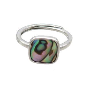 Copper Ring Pave Rainbow Abalone Shell Square Adjustable Platinum Plated, approx 10mm, 18mm dia [GM20227]
