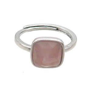 Copper Ring Pave Pink Rose Quartz Square Adjustable Platinum Plated, approx 10mm, 18mm dia [GM20229]