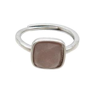 Copper Ring Pave Peach Sunstone Square Adjustable Platinum Plated, approx 10mm, 18mm dia [GM20232]