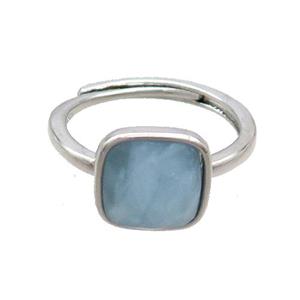 Copper Ring Pave Blue Aquamarine Square Adjustable Platinum Plated, approx 10mm, 18mm dia [GM20234]