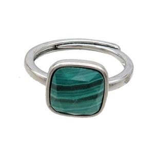 Copper Ring Pave Green Malachite Square Adjustable Platinum Plated, approx 10mm, 18mm dia [GM20238]