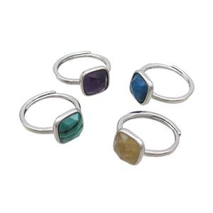 Copper Ring Pave Gemstone Square Adjustable Platinum Plated Mixed, approx 10mm, 18mm dia [GM20239]