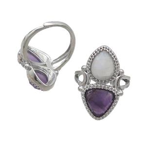 Copper Ring Pave Amethyst Clear Quartz Adjustable Platinum Plated, approx 8-10mm, 10mm, 18mm dia [GM20240]