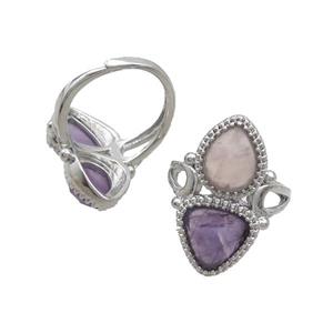 Copper Ring Pave Amethyst Rose Quartz Adjustable Platinum Plated, approx 8-10mm, 10mm, 18mm dia [GM20241]