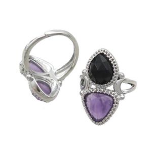 Copper Ring Pave Amethyst Onyx Adjustable Platinum Plated, approx 8-10mm, 10mm, 18mm dia [GM20242]
