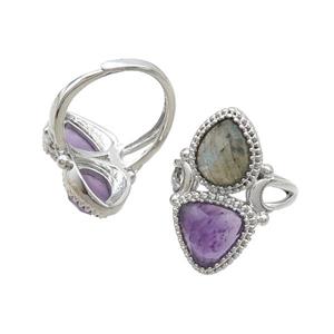 Copper Ring Pave Amethyst Labradorite Adjustable Platinum Plated, approx 8-10mm, 10mm, 18mm dia [GM20244]